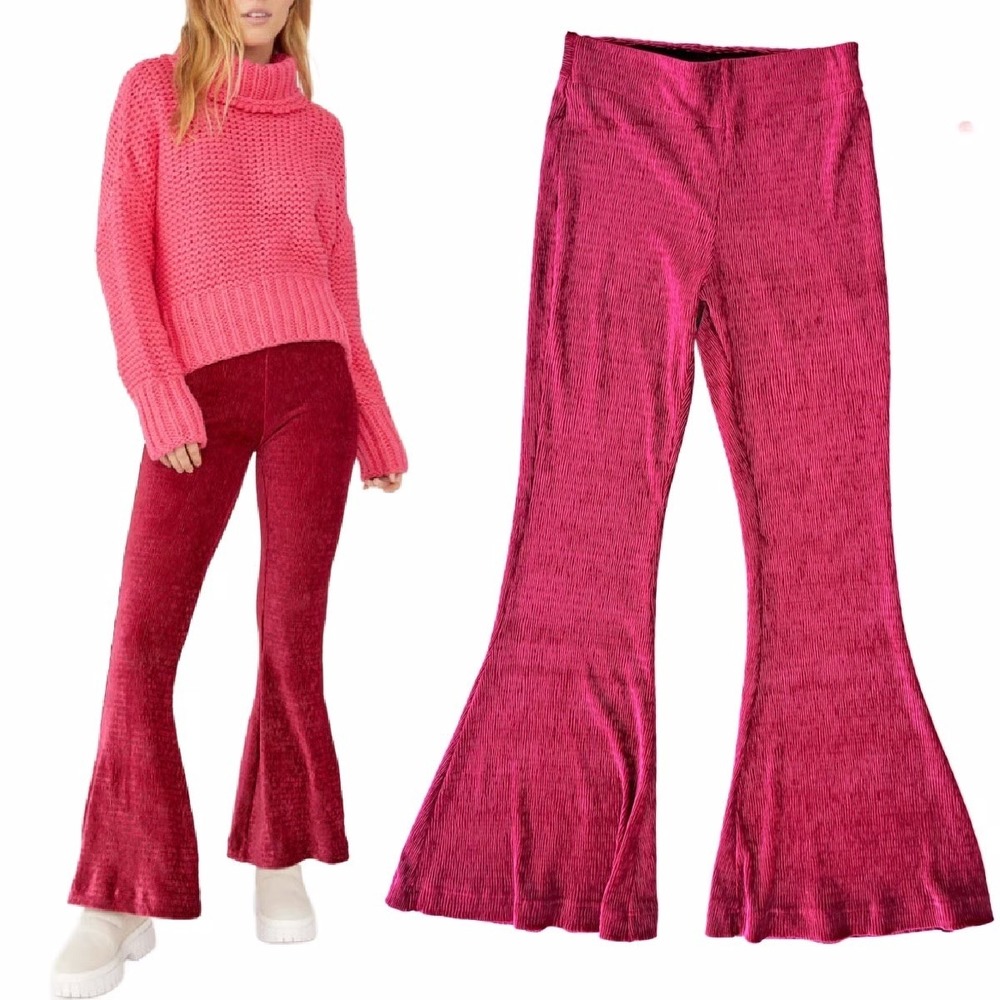Free‎ People So Charming Cranberry Velvet High Waisted Flare Leg Pants Size XS